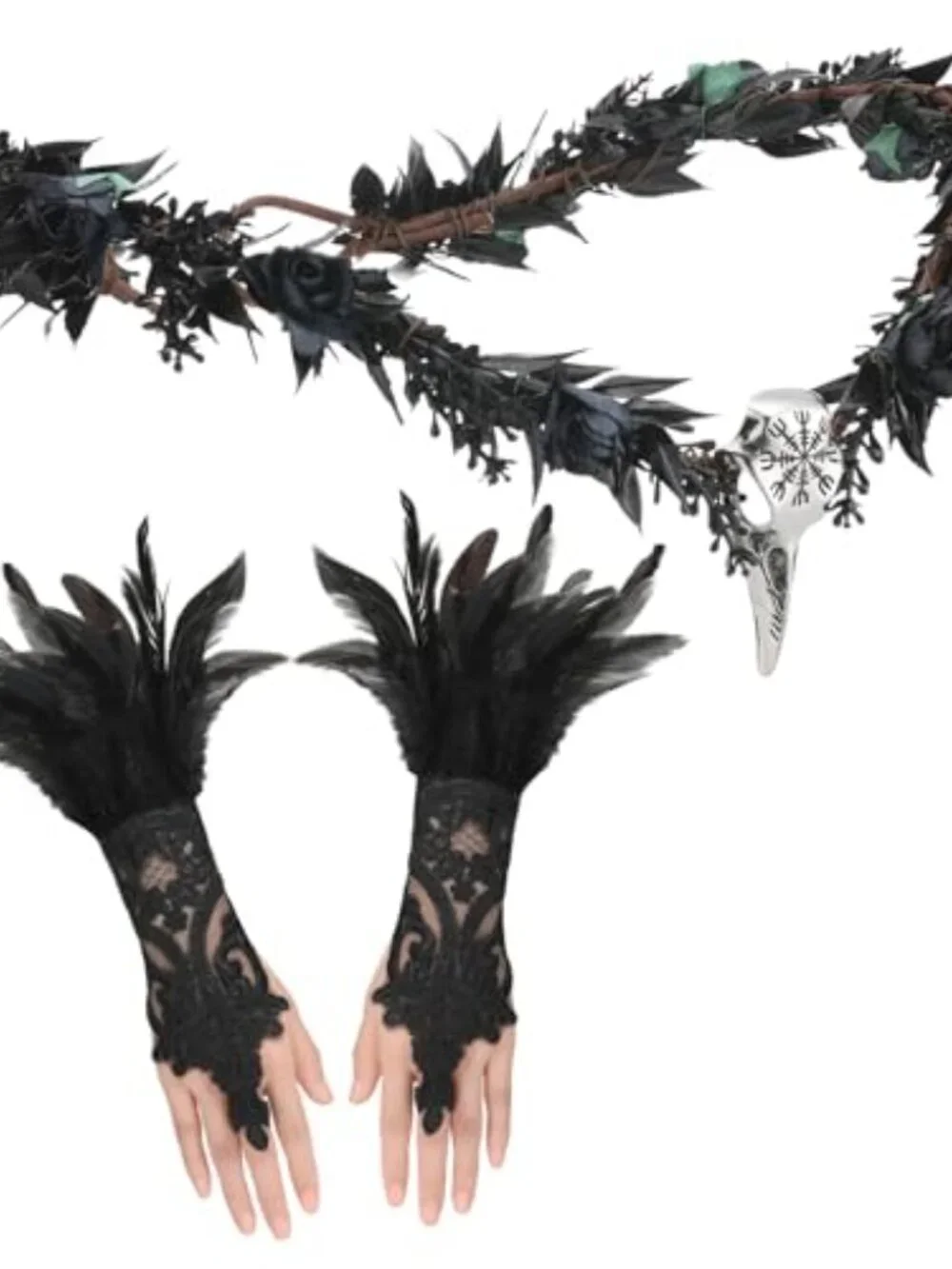 Gothic Raven Skull Crown and Feather Gloves Set - Halloween Costume Accessories